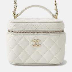 Pre Owned Chanel Chain Shoulder Bag Matelasse Coco Mark Vanity Case Small White
