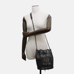 Pre Owned Chanel Chain Shoulder Bag Deauville Line Coco Mark Calf Leather Black