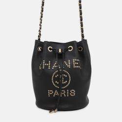 Pre Owned Chanel Chain Shoulder Bag Deauville Line Coco Mark Calf Leather Black