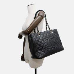 Pre Owned Chanel Chain Tote Bag With Coco Mark And Caviar Leather Matelasse Gst Shoulder Black
