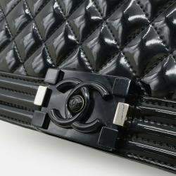 Pre Owned Chanel Boy Chanel Matelasse Coco Mark Chain Shoulder Bag In Black Enamel Leather 
