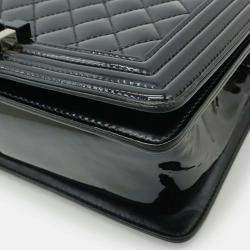 Pre Owned Chanel Boy Chanel Matelasse Coco Mark Chain Shoulder Bag In Black Enamel Leather 