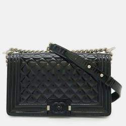 Pre Owned Chanel Boy Chanel Matelasse Coco Mark Chain Shoulder Bag In Black Enamel Leather 