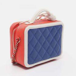 Pre Owned Chanel Cc Filigree Small Vanity Bag Shoulder Grained Calfskin Leather Blue Red White