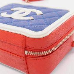 Pre Owned Chanel Cc Filigree Small Vanity Bag Shoulder Grained Calfskin Leather Blue Red White