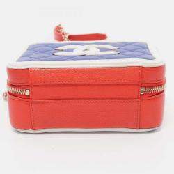 Pre Owned Chanel Cc Filigree Small Vanity Bag Shoulder Grained Calfskin Leather Blue Red White
