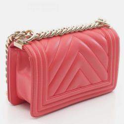 Pre Owned Chanel Boy Chanel Small Chevron V-Stitch Shoulder Bag In Lambskin Leather Pink