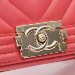 Pre Owned Chanel Boy Chanel Small Chevron V-Stitch Shoulder Bag In Lambskin Leather Pink