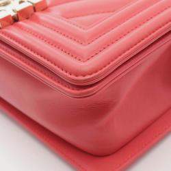 Pre Owned Chanel Boy Chanel Small Chevron V-Stitch Shoulder Bag In Lambskin Leather Pink