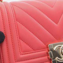 Pre Owned Chanel Boy Chanel Small Chevron V-Stitch Shoulder Bag In Lambskin Leather Pink