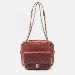 Pre Owned Chanel V-Stitch Chevron Shoulder Bag In Lambskin Leather Brown And Burgundy