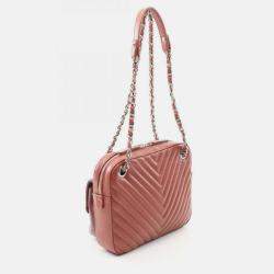 Pre Owned Chanel V-Stitch Chevron Shoulder Bag In Lambskin Leather Brown And Burgundy