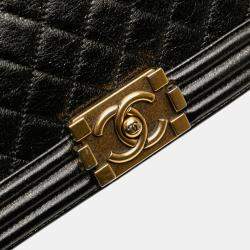 Pre Owned Chanel Black Old Medium Cracked Metallic Calfskin Boy Flap