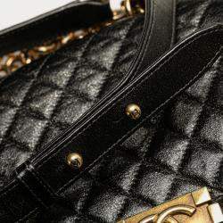 Pre Owned Chanel Black Old Medium Cracked Metallic Calfskin Boy Flap