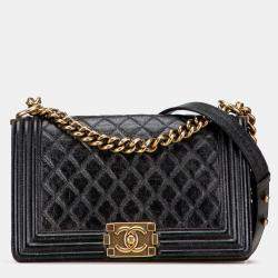 Pre Owned Chanel Black Old Medium Cracked Metallic Calfskin Boy Flap