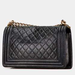 Pre Owned Chanel Black Old Medium Cracked Metallic Calfskin Boy Flap