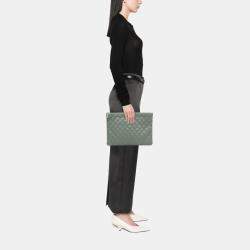 Pre Owned Chanel Green Large Quilted Lambskin O Case Clutch