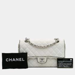 Pre Owned Chanel White Medium Classic Printed Grosgrain Double Flap