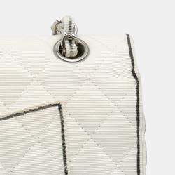 Pre Owned Chanel White Medium Classic Printed Grosgrain Double Flap