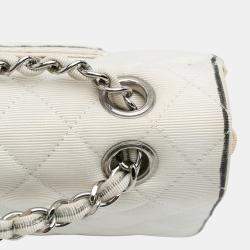 Pre Owned Chanel White Medium Classic Printed Grosgrain Double Flap