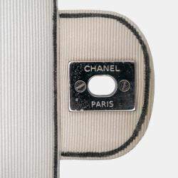 Pre Owned Chanel White Medium Classic Printed Grosgrain Double Flap