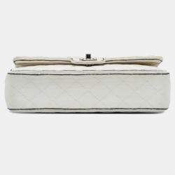 Pre Owned Chanel White Medium Classic Printed Grosgrain Double Flap