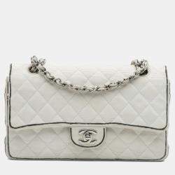 Pre Owned Chanel White Medium Classic Printed Grosgrain Double Flap