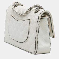 Pre Owned Chanel White Medium Classic Printed Grosgrain Double Flap