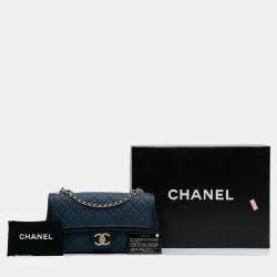 Pre Owned Chanel Blue Medium Bicolor Calfskin Graphic Flap