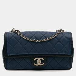 Pre Owned Chanel Blue Medium Bicolor Calfskin Graphic Flap