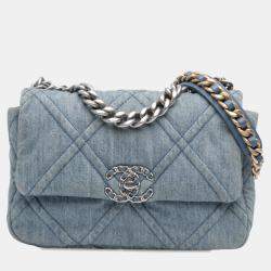 Pre Owned Chanel Blue Medium Double Stitched Denim 19 Flap