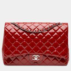 Pre Owned Chanel Red Maxi Classic Patent Double Flap