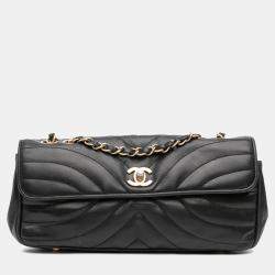 Pre Owned Chanel Black CC Quilted Lambskin East West Straight Flap