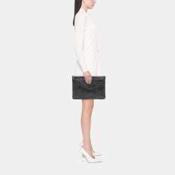 Pre Owned Chanel Black Large CC Embossed Lambskin Camellia O Case Clutch