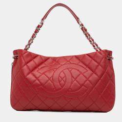 Pre Owned Chanel Red Quilted Caviar Expandable Zip Tote