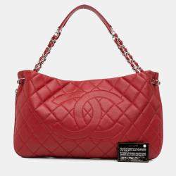 Pre Owned Chanel Red Quilted Caviar Expandable Zip Tote