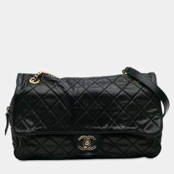 Pre Owned Chanel Black Large Quilted Iridescent Calfskin Shiva Flap