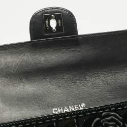 Pre Owned Chanel Black Patent Leather  Laser Cut Camellia East West Flap Bag