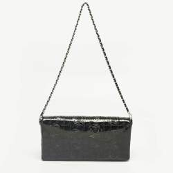 Pre Owned Chanel Black Patent Leather  Laser Cut Camellia East West Flap Bag