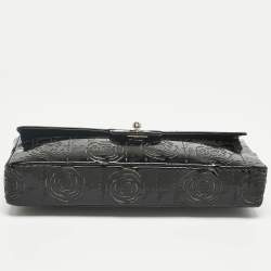 Pre Owned Chanel Black Patent Leather  Laser Cut Camellia East West Flap Bag
