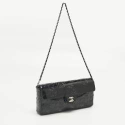 Pre Owned Chanel Black Patent Leather  Laser Cut Camellia East West Flap Bag