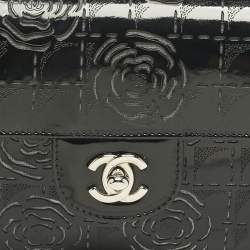 Pre Owned Chanel Black Patent Leather  Laser Cut Camellia East West Flap Bag