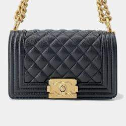 Pre Owned Chanel Boy Chanel Chain shoulder Bag Black Caviar Leather Size Small