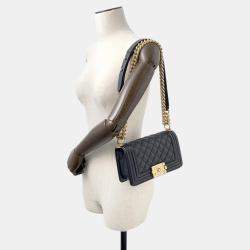 Pre Owned Chanel Boy Chanel Chain shoulder Bag Black Caviar Leather Size Small