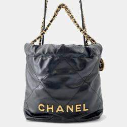Pre Owned Chanel Chanel 22 Handbag Black Shiny Calf Leather Size Mini