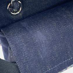 Pre Owned Chanel Matelasse W Flap Chain shoulder Navy Tweed Denim Leather