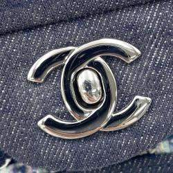 Pre Owned Chanel Matelasse W Flap Chain shoulder Navy Tweed Denim Leather