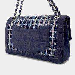 Pre Owned Chanel Matelasse W Flap Chain shoulder Navy Tweed Denim Leather