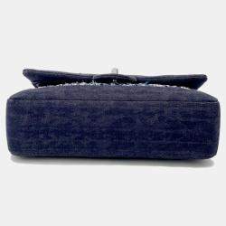 Pre Owned Chanel Matelasse W Flap Chain shoulder Navy Tweed Denim Leather