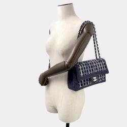 Pre Owned Chanel Matelasse W Flap Chain shoulder Navy Tweed Denim Leather